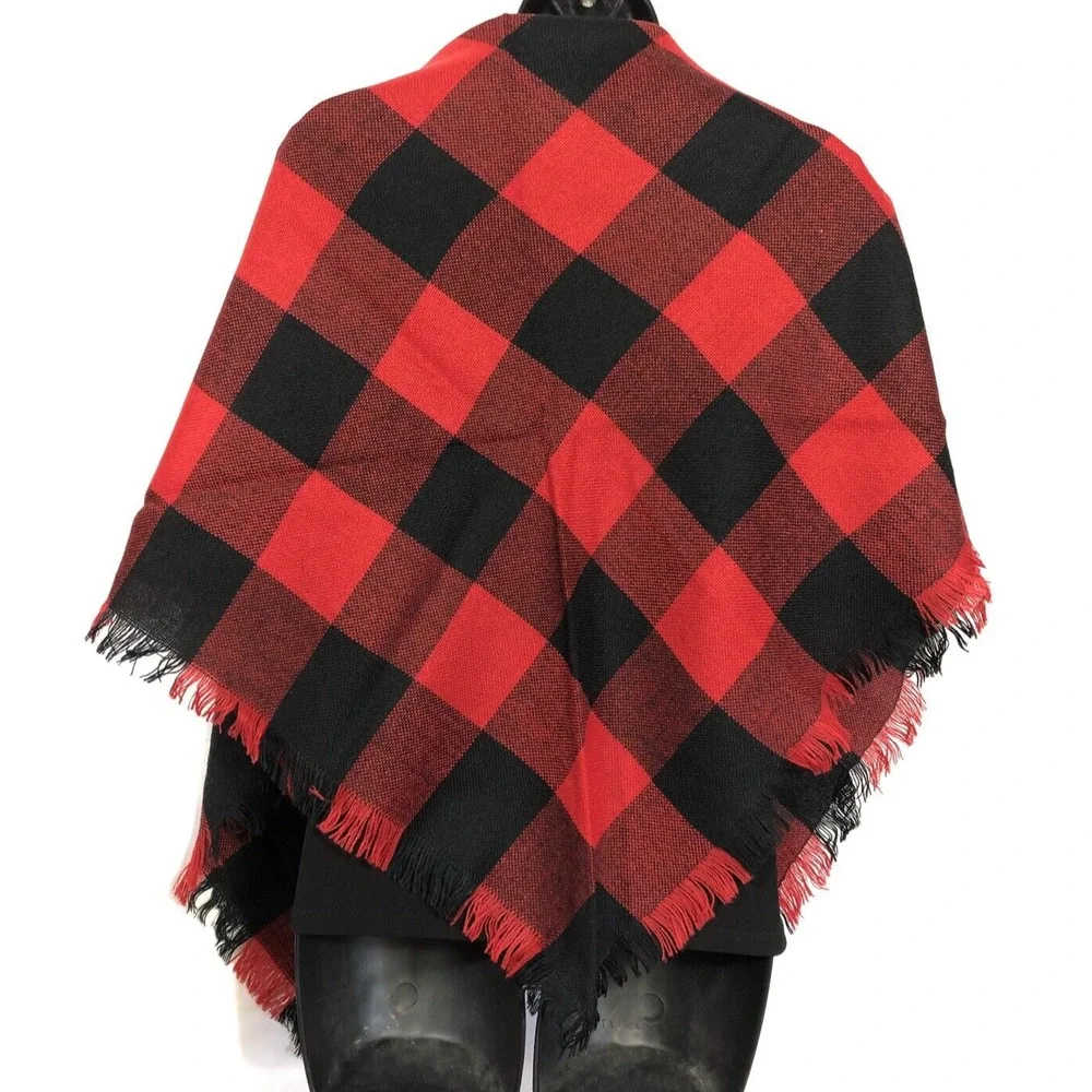 Vintage Buffalo Plaid Scarf Triangle, Red and Black Large Fringed, 70